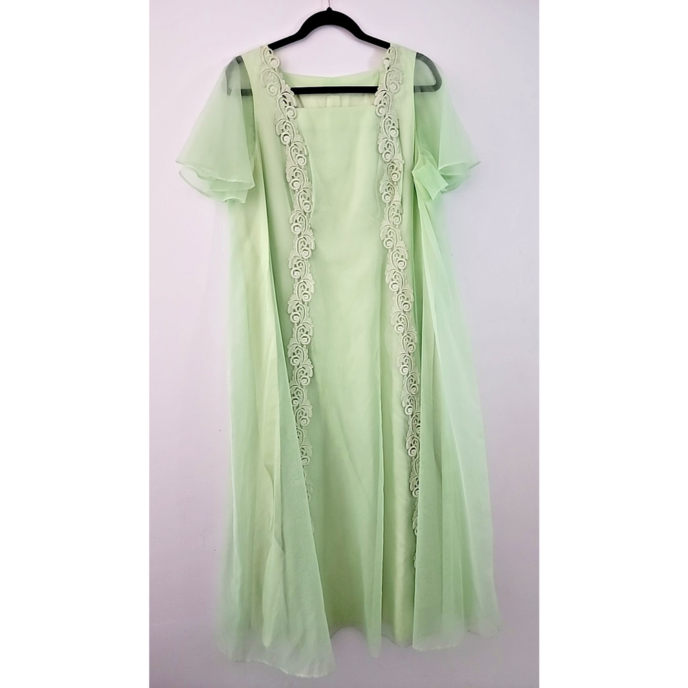 Vintage Gauzy Seafoam Green Gown Lace Trim Plus Size 23" PTP Handmade